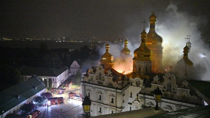 Russia bombards Kyiv with drones and missiles, sets fire to historic cathedral